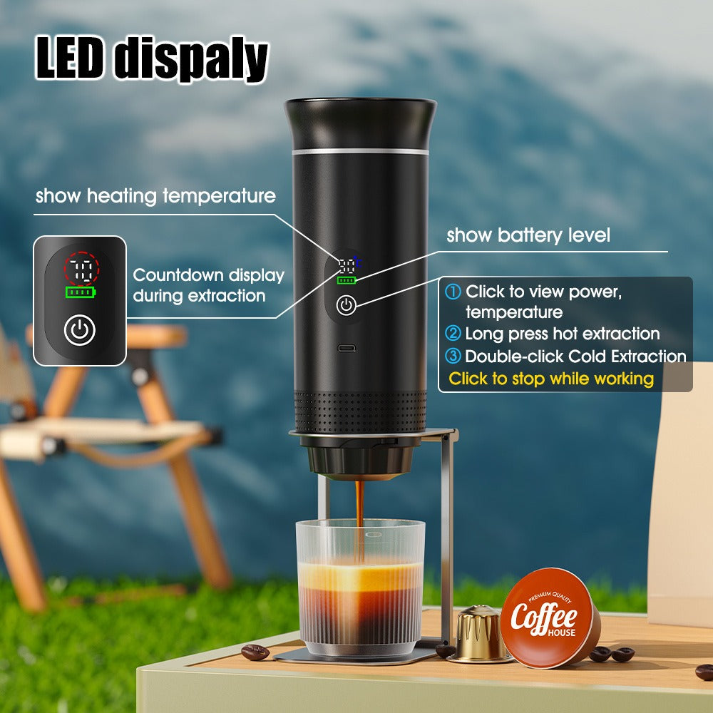 Coffee maker with LED display and coffee being poured into a glass on a grassy background