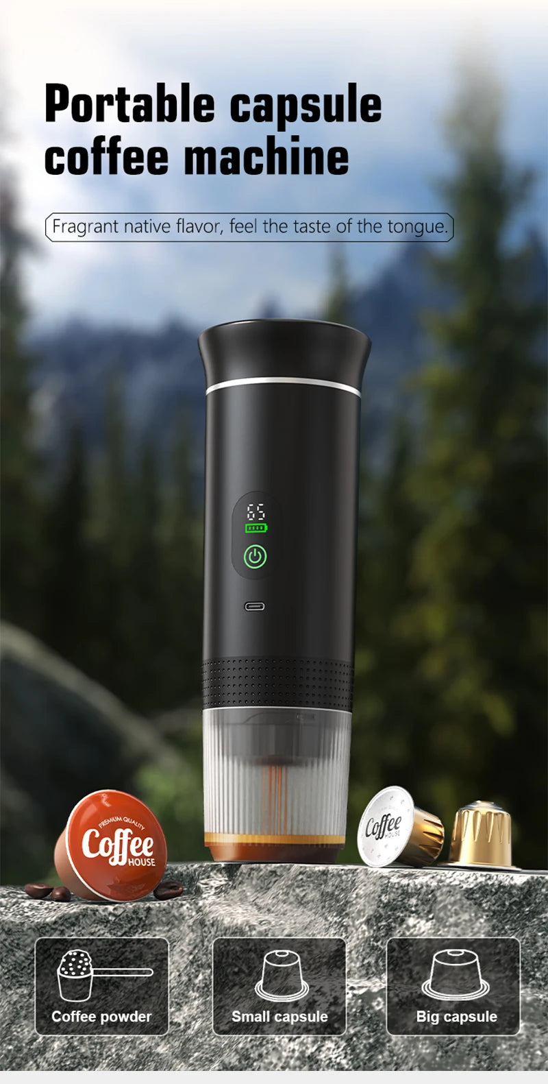 Portable capsule coffee machine with a mountainous background