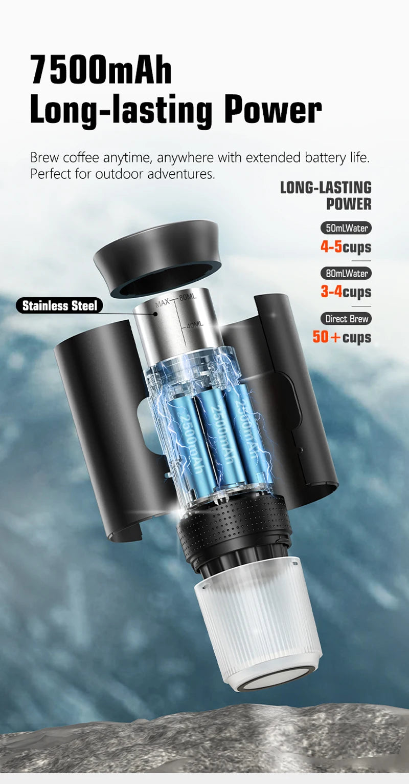 Portable coffee maker with extended battery life on a mountain background